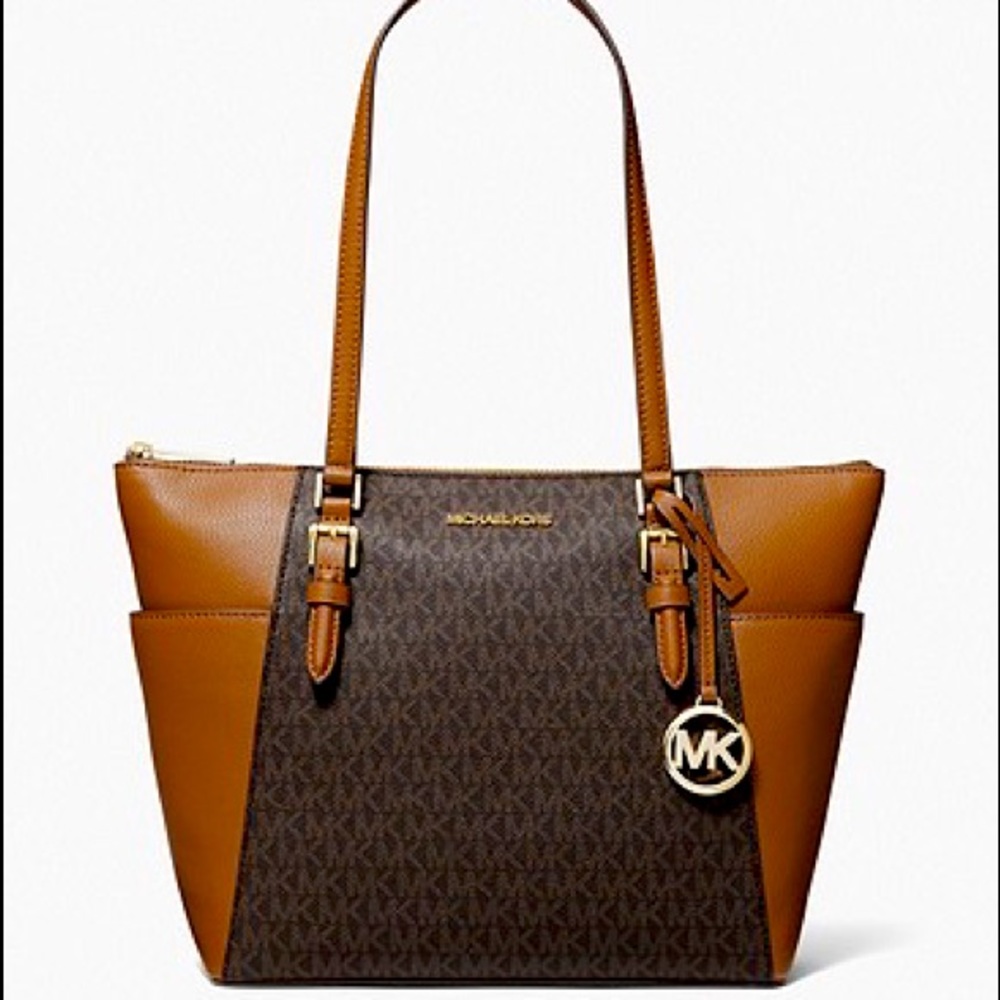 MICHAEL KORS
Charlotte Large Logo and Leather Top-Zip Tote Bag